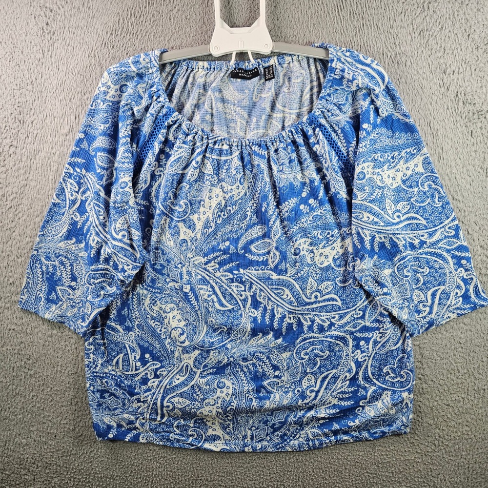 Susan Graver Weekend Blue White Paisley Print‎ Square Neck 3/4 Sleeve Top 1X